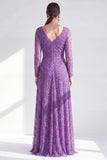 Robe longue de la mère de la mariée à manches longues violette foncée violet foncé à col en V