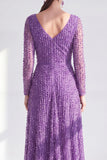 Robe longue de la mère de la mariée à manches longues violette foncée violet foncé à col en V