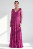 Robe longue de la mère de la mariée à manches longues violette foncée violet foncé à col en V