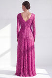 Robe longue de la mère de la mariée à manches longues violette foncée violet foncé à col en V