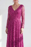 Robe longue de la mère de la mariée à manches longues violette foncée violet foncé à col en V