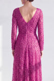 Robe longue de la mère de la mariée à manches longues violette foncée violet foncé à col en V