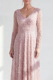 Robe longue de la mère de la mariée à manches longues violette foncée violet foncé à col en V