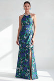 Robe de la mère de la mariée à col nu-nu, fleur verte perlée et longue, longue robe de mère de la mariée