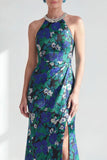 Robe de la mère de la mariée à col nu-nu, fleur verte perlée et longue, longue robe de mère de la mariée