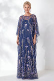 Robe de la mère de la mariée à fourreau fleuri à col rond brodée bleu marine