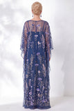 Robe de la mère de la mariée à fourreau fleuri à col rond brodée bleu marine