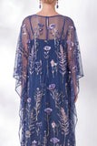 Robe de la mère de la mariée à fourreau fleuri à col rond brodée bleu marine
