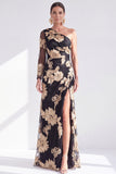 Robe longue de mère de la mariée à une épaule en champagne sirène fleurie avec fente