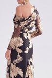 Robe longue de mère de la mariée à une épaule en champagne sirène fleurie avec fente