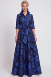 Robe de mère de la mariée longue en Jacquard fleurie marine A-Line avec ceinture