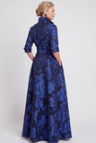 Robe de mère de la mariée longue en Jacquard fleurie marine A-Line avec ceinture