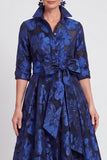 Robe de mère de la mariée longue en Jacquard fleurie marine A-Line avec ceinture
