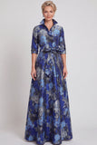 Robe de mère de la mariée longue en Jacquard fleurie marine A-Line avec ceinture