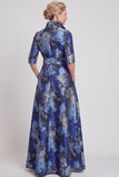 Robe de mère de la mariée longue en Jacquard fleurie marine A-Line avec ceinture