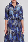 Robe de mère de la mariée longue en Jacquard fleurie marine A-Line avec ceinture