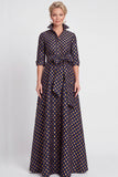 Robe de mère de la mariée longue en Jacquard fleurie marine A-Line avec ceinture