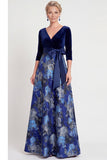 Robe longue de la mariée fleur bleue ligne en V avec manches 3/4