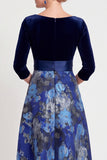 Robe longue de la mariée fleur bleue ligne en V avec manches 3/4