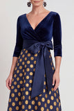 Robe longue de la mariée fleur bleue ligne en V avec manches 3/4