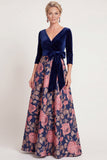 Robe longue de la mariée fleur bleue ligne en V avec manches 3/4