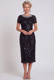 Robe Body Size Midi Mother of the Bride Bodycon Noire Scintillante à col rond et perlée
