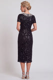 Robe Body Size Midi Mother of the Bride Bodycon Noire Scintillante à col rond et perlée