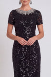Robe Body Size Midi Mother of the Bride Bodycon Noire Scintillante à col rond et perlée