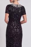 Robe Body Size Midi Mother of the Bride Bodycon Noire Scintillante à col rond et perlée