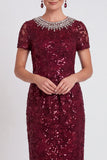 Robe Body Size Midi Mother of the Bride Bodycon Noire Scintillante à col rond et perlée