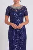 Robe Body Size Midi Mother of the Bride Bodycon Noire Scintillante à col rond et perlée