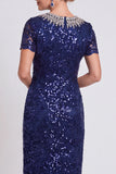 Robe Body Size Midi Mother of the Bride Bodycon Noire Scintillante à col rond et perlée