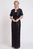 Robe longue de mère de la mariée en sequins noirs scintillants avec une fente