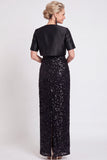 Robe longue de mère de la mariée en sequins noirs scintillants avec une fente