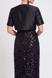Robe longue de mère de la mariée en sequins noirs scintillants avec une fente