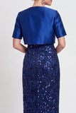 Robe longue de mère de la mariée en sequins noirs scintillants avec une fente