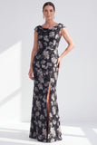 Robe longue fleurie noire sirène avec fente