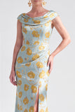 Robe longue fleurie noire sirène avec fente