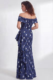 Longue robe de mère de la mariée sirène noire à volants en sirène dénudée, fête