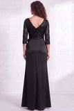 Sirène noire à col en V plissée, paillettes à volants, longue robe de la mère de la mariée avec fente
