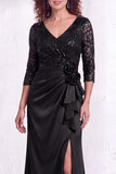 Sirène noire à col en V plissée, paillettes à volants, longue robe de la mère de la mariée avec fente