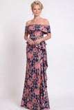 Longue robe de mère de la mariée bleue à motifs décollés sur les épaules à volants en forme de sirène