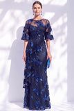 Robe longue de mère de la mariée à volants sirène marine et à manches courtes