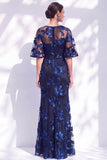 Robe longue de mère de la mariée à volants sirène marine et à manches courtes