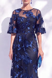 Robe longue de mère de la mariée à volants sirène marine et à manches courtes