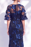 Robe longue de mère de la mariée à volants sirène marine et à manches courtes