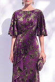 Robe longue marme de la mariée à col batouteau fleuri vert sauge avec une longue robe de mère de la mariée