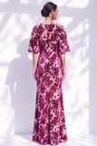 Robe longue marme de la mariée à col batouteau fleuri vert sauge avec une longue robe de mère de la mariée