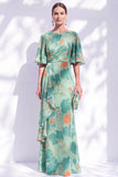 Robe longue marme de la mariée à col batouteau fleuri vert sauge avec une longue robe de mère de la mariée