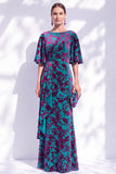Robe longue marme de la mariée à col batouteau fleuri vert sauge avec une longue robe de mère de la mariée